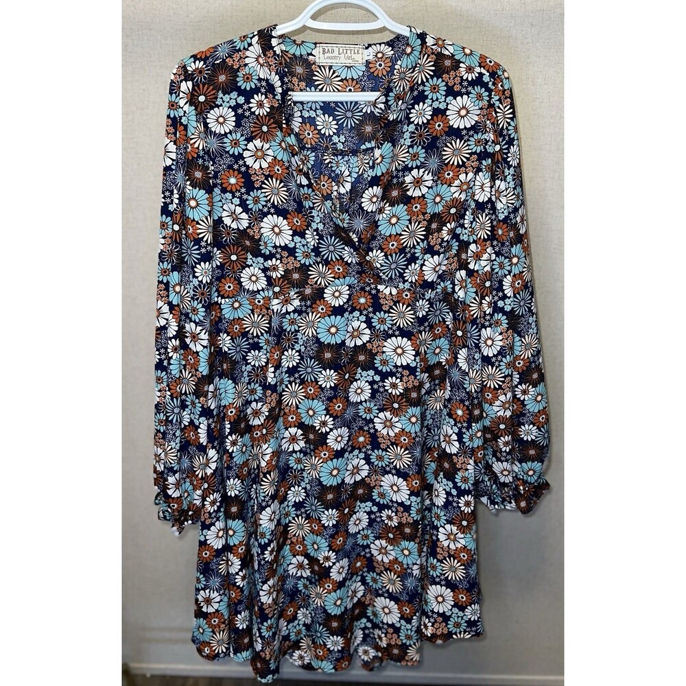 FLORAL WITH METALLIC THREAD SPLIT NECK LONG SLEEVE BOHO DRESS SIZE L